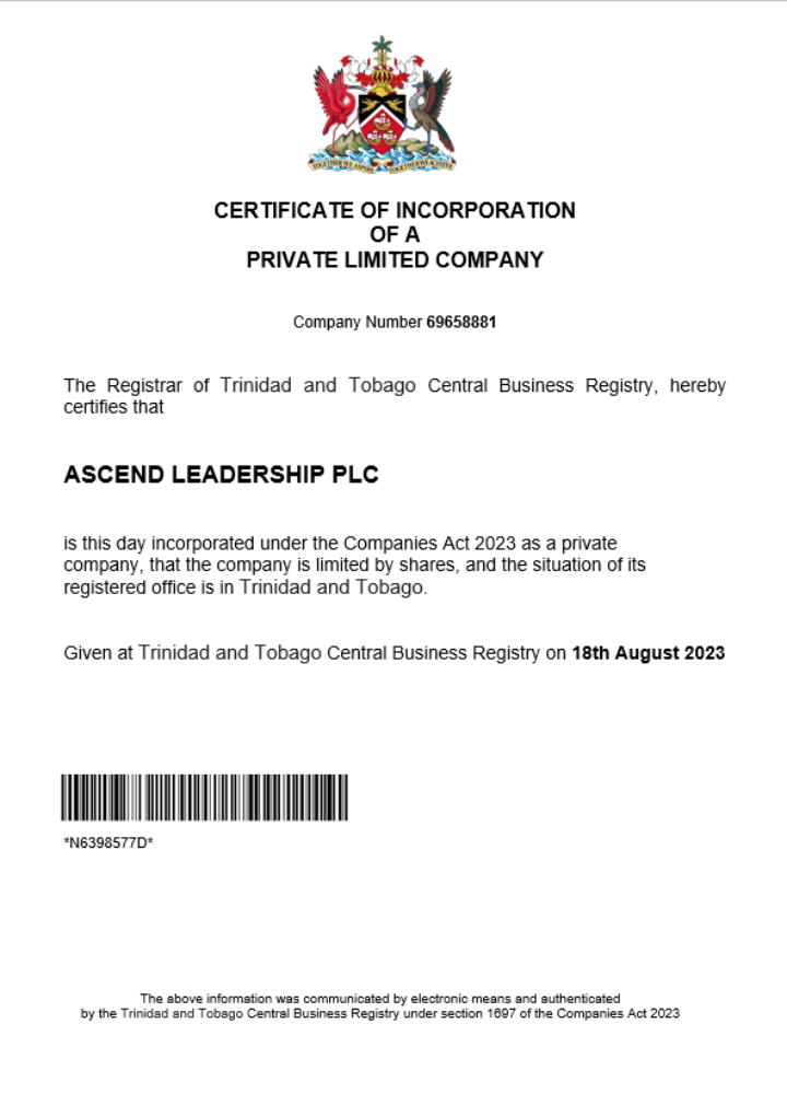 Trinidad and Tobago business registration certificate Word and PDF template